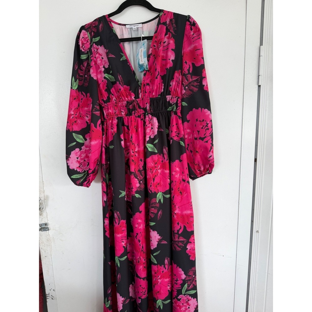 MaxigeruiPink Floral Maxi Dress Long Sleeve V-Neck Smocked Waist Black Small NWT